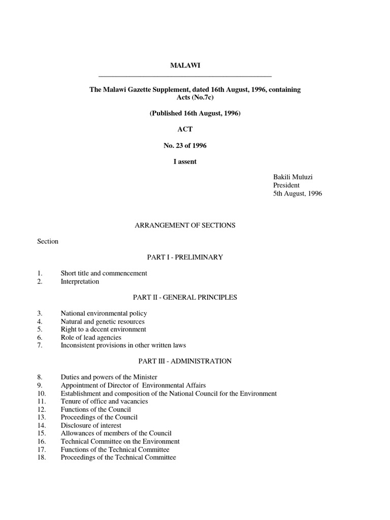 Malawi Environmental Protection Act PDF Sustainability Environmental Impact Assessment