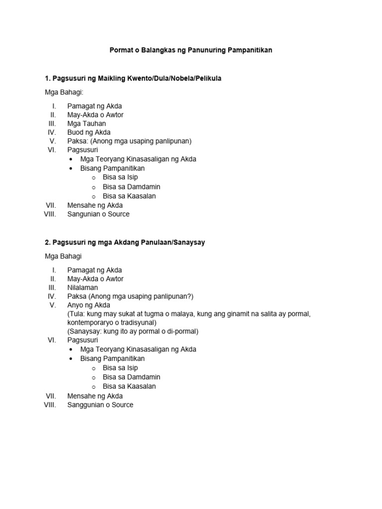 Pormat o Balangkas NG Panunuring Pampanitikan | PDF