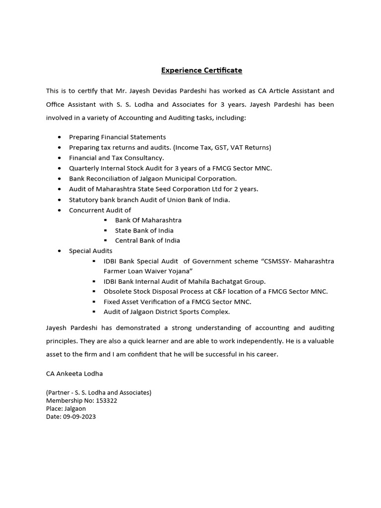 CA Article Assistant Experience Certificate | PDF