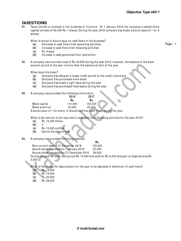 IAS 7 Objective Type Questions & Answers | PDF | Cash Flow Statement ...