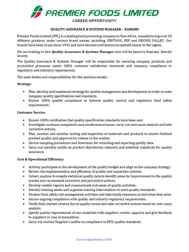 Quality Assurance Systems Manager Nairobi Pdf Quality Assurance