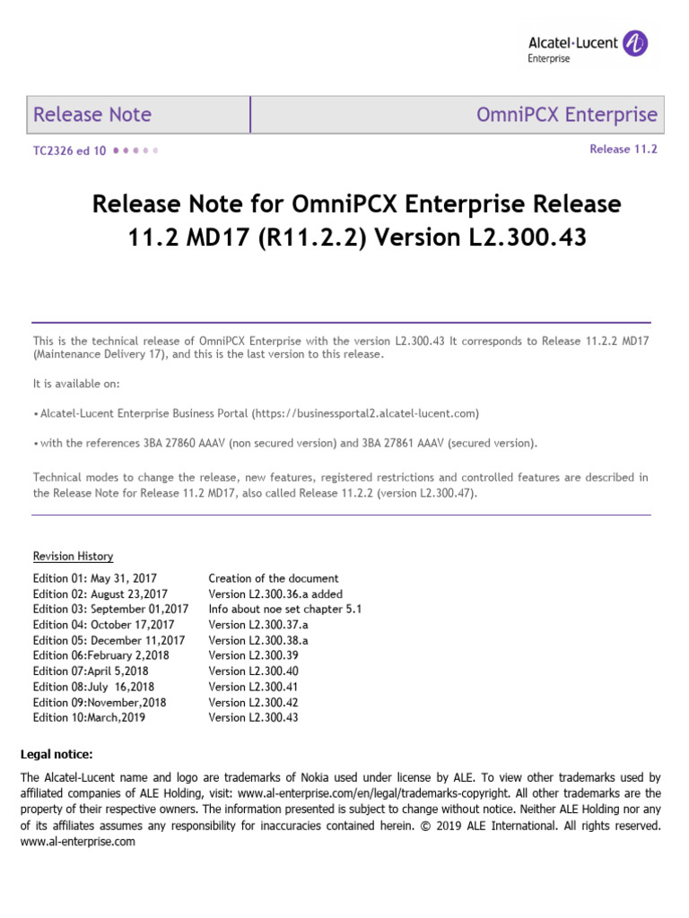 TC2326en-Ed10 Release Note For OmniPCX Enterprise Release 11.2 MD17 ...