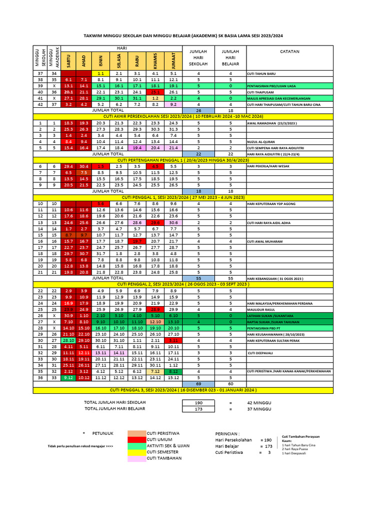 Takwim Minggu Belajar Latest | PDF