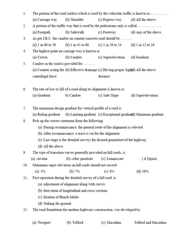 Transportation Engineering MCQs Guide | PDF | Road | Sidewalk