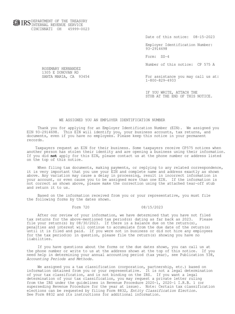 IRS CP 575 A: EIN Assignment Notice | PDF | Irs Tax Forms | Internal ...