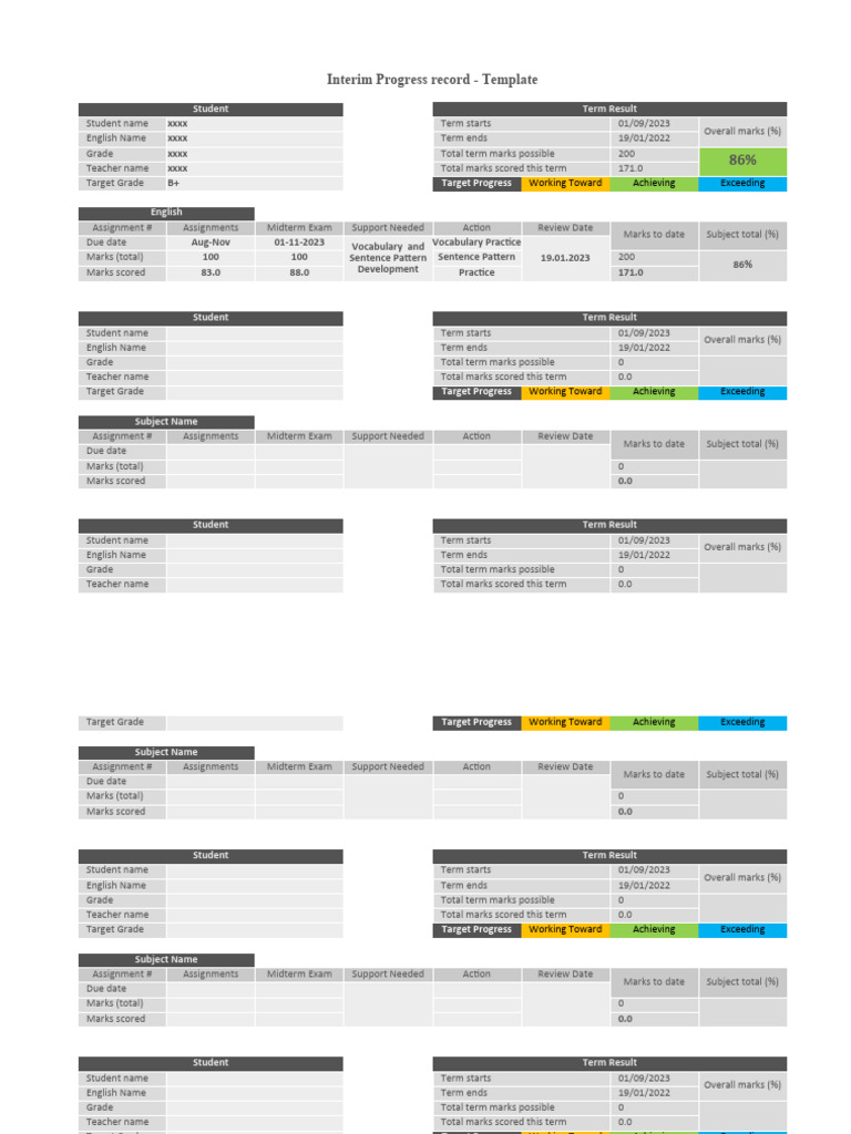 Physiotherapy progress tracking in report template