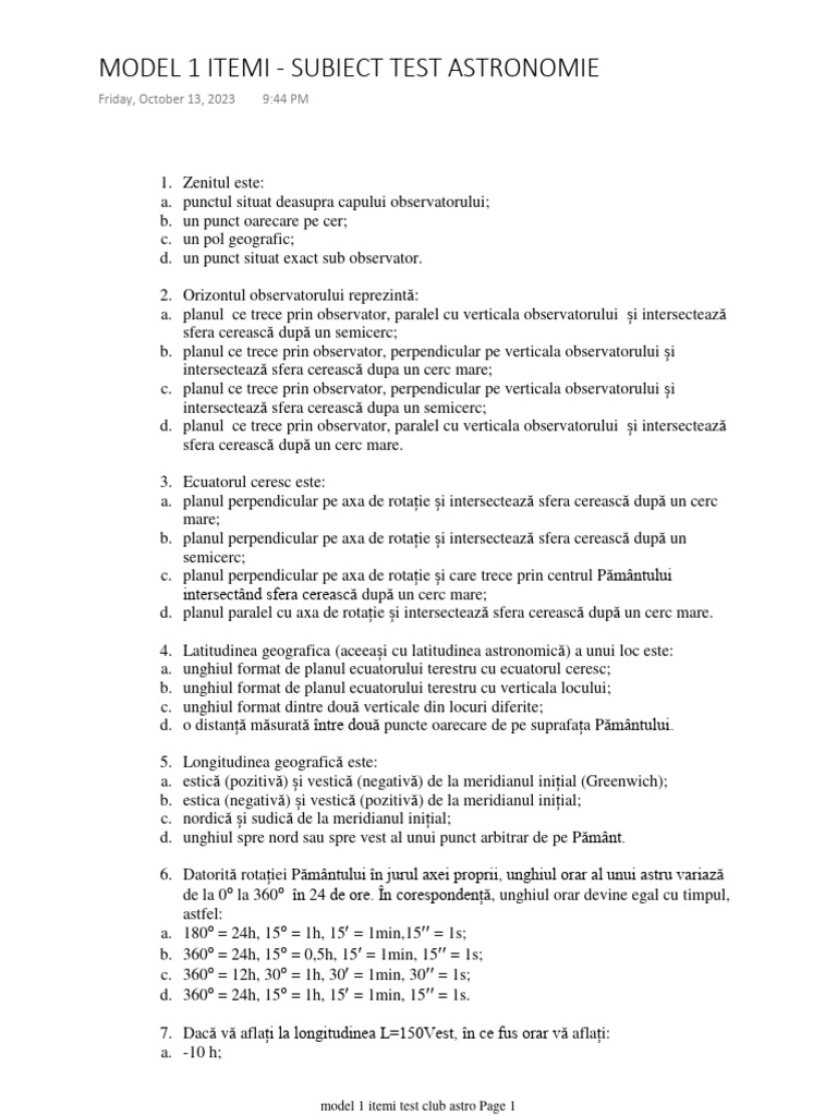 Model 1 Itemi - Subiect Test Astronomie | PDF