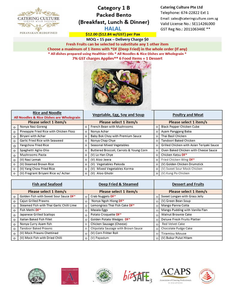 Catering Culture - Bento Meal - $12per Pax (MOQ 15 Pax) (SIT) | PDF ...