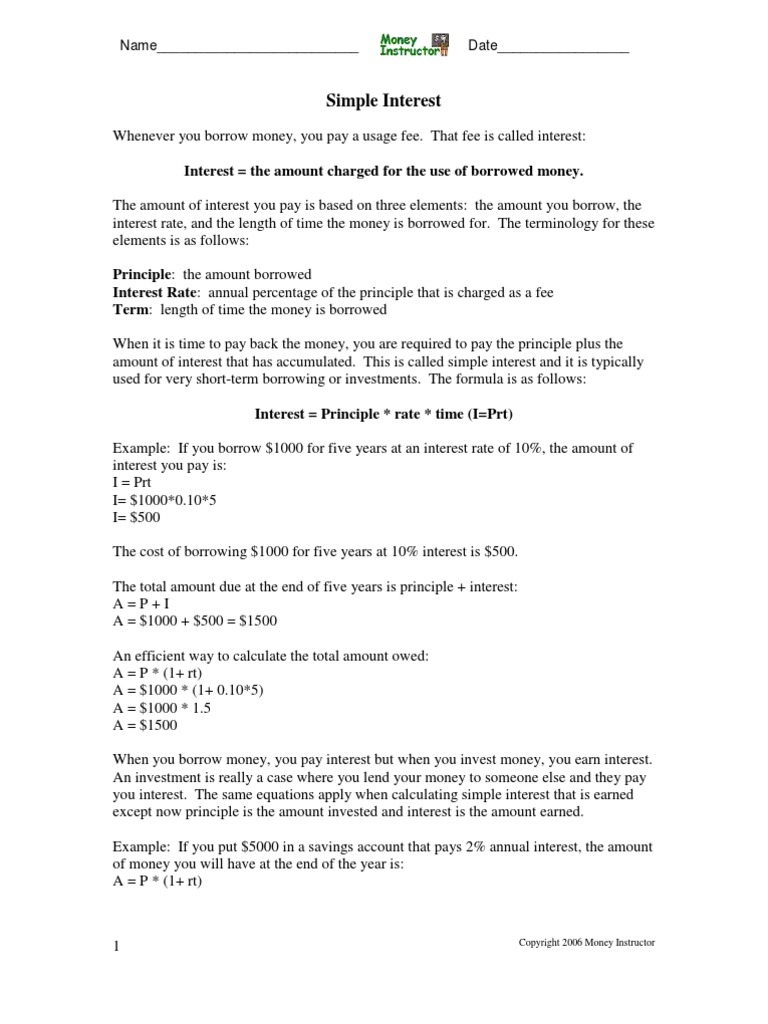 Simple Interest Worksheet PDF Interest Interest Rates