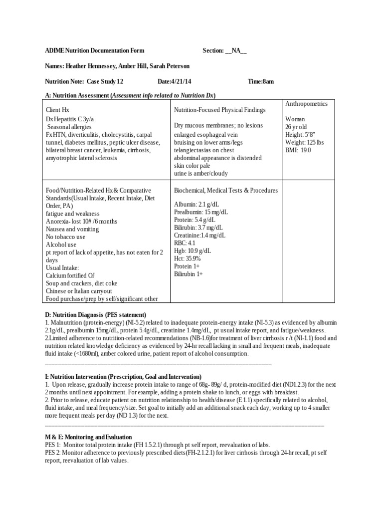 Adime Case Study 12 PDF Cirrhosis Nutrition