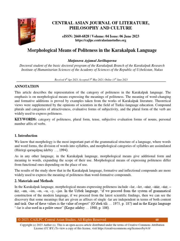 Morphological Means of Politeness in The Karakalpak Language | PDF ...