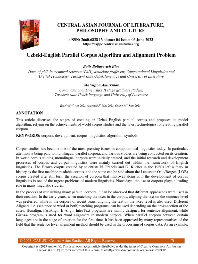 Uzbeki-English Parallel Corpus Algorithm and Alignment Problem | PDF ...
