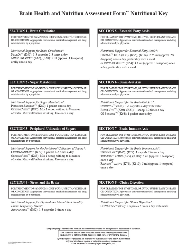 Brain Health and Nutrition Assessment Form Nutritional Key Assessment ...
