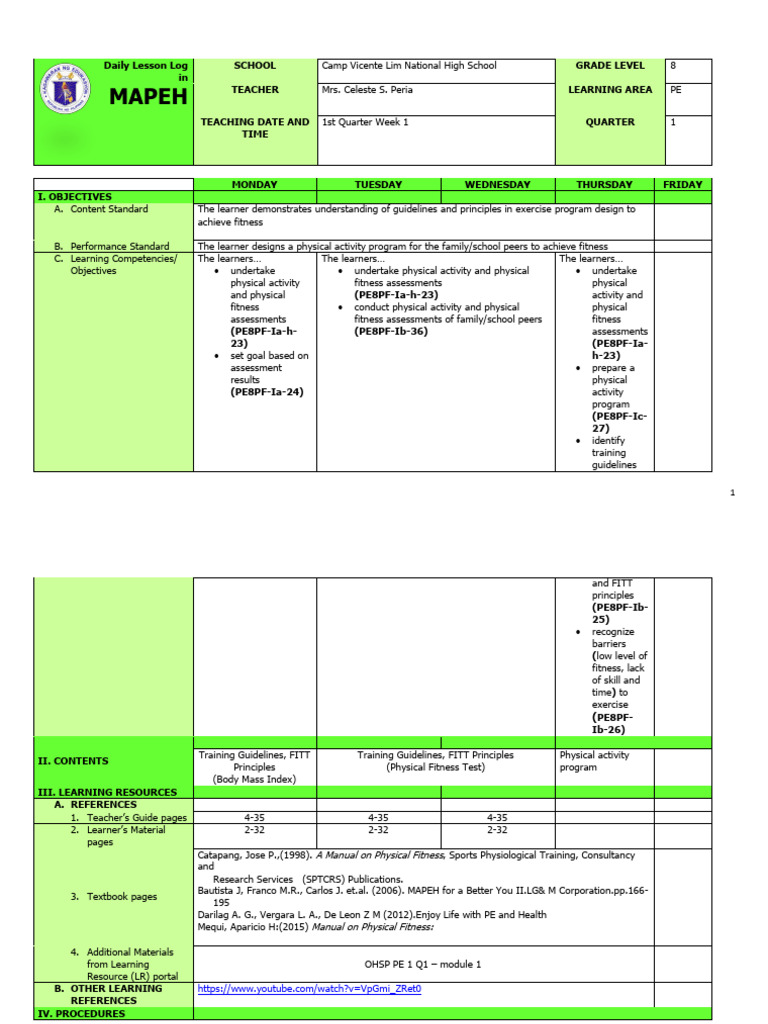 PE Lesson Plan: Fitness Program Design | PDF | Physical Fitness | Learning