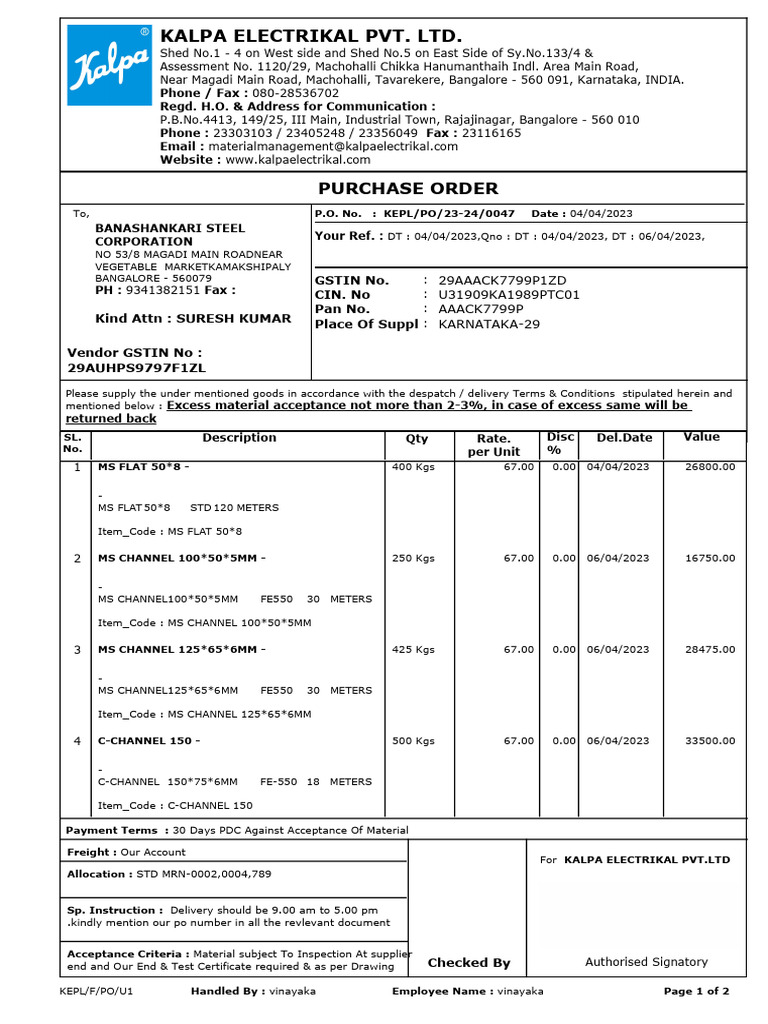 Banashankari steel corporation po 0047 pdf economies business