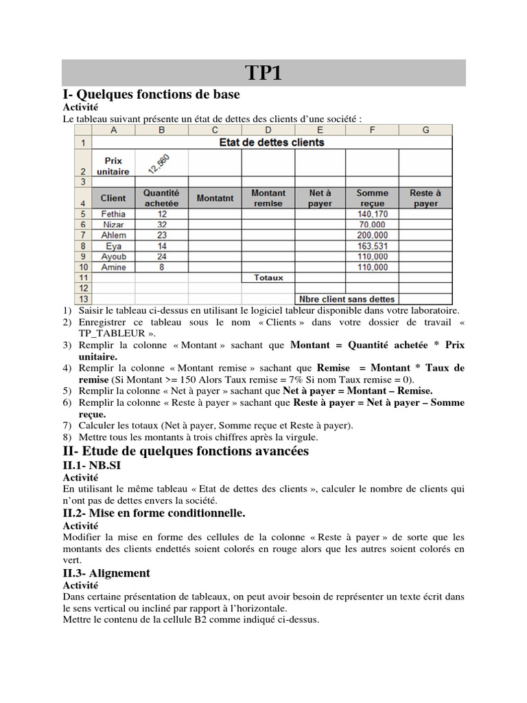TP Excel : Gestion des clients et factures | PDF | Feuille de calcul
