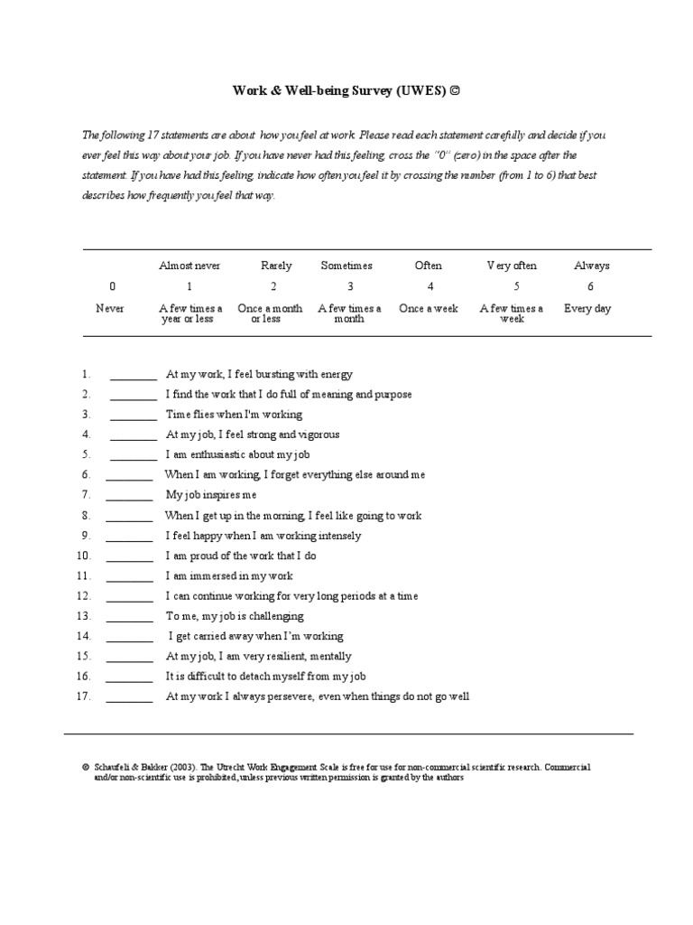 UWES Work Engagement Questionnaire | PDF