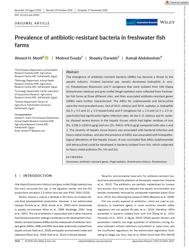 Aquaculture Research 2020 Sherif Prevalence of Antibiotic