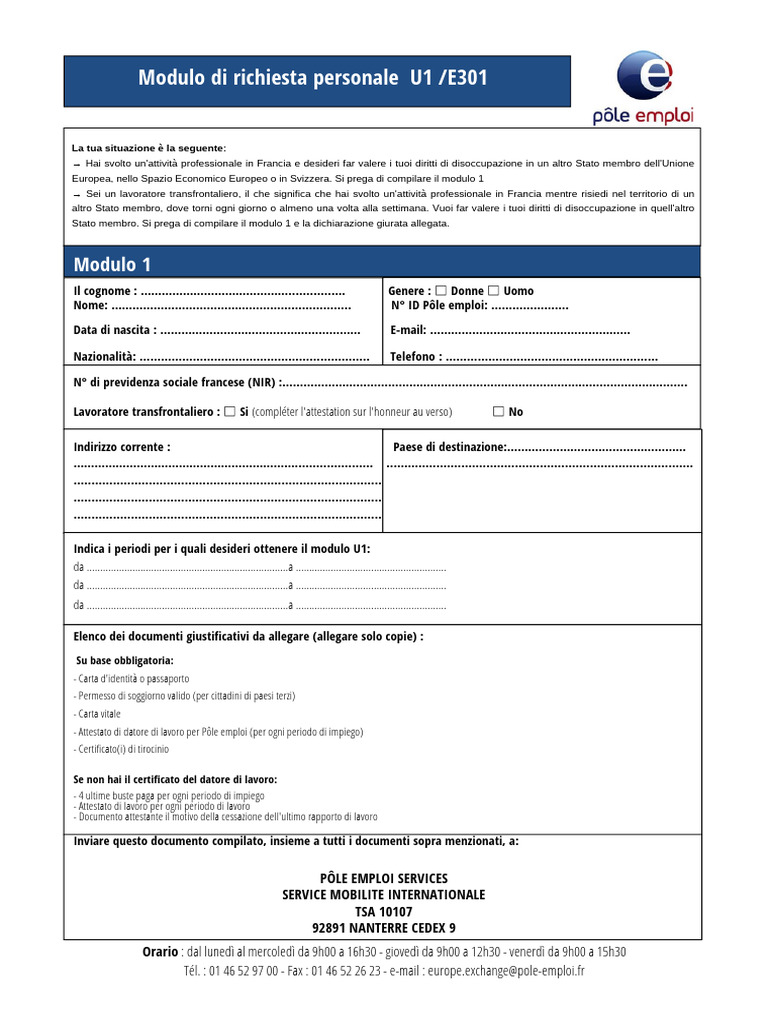 FORMULAIRE U1 Italien PDF | PDF