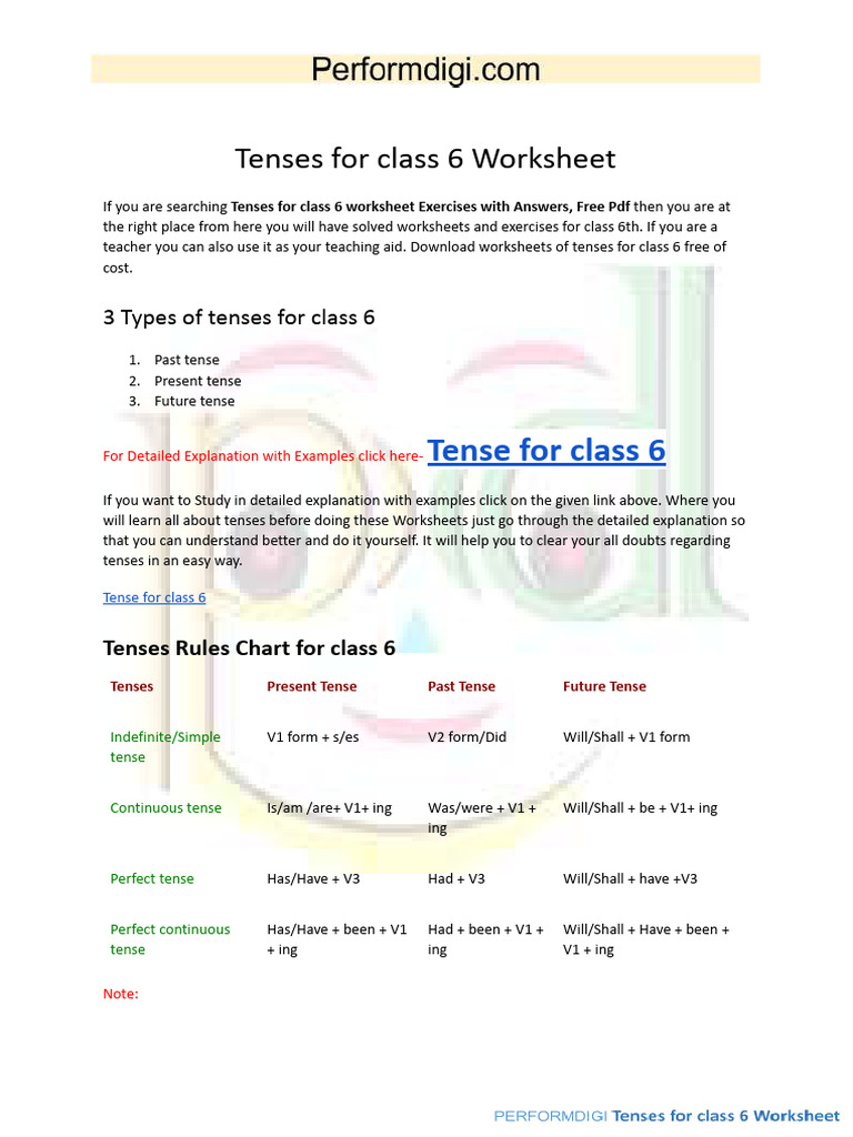 Class 6 Tenses Worksheet with Answers | PDF | Linguistics | Grammar