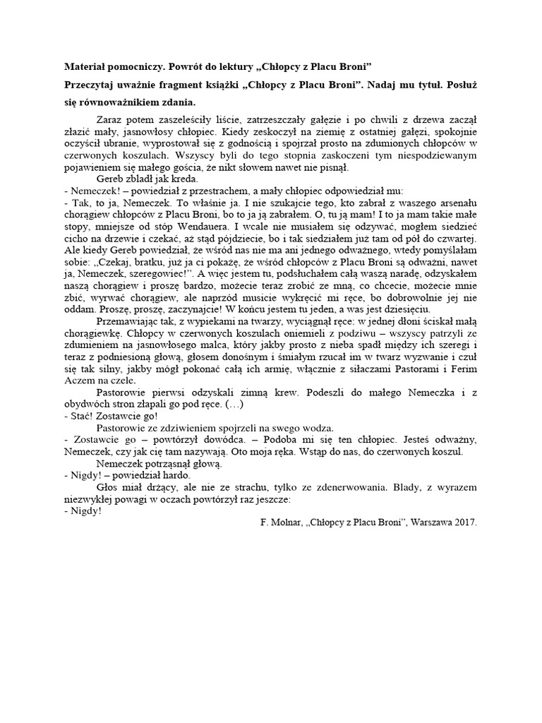 Chłopcy Z Placu Broni Test Z Odpowiedziami Do Druku Materiał_pomocniczy._Powrot_do_lektury_„Chłopcy_z_Placu_Broni” | PDF