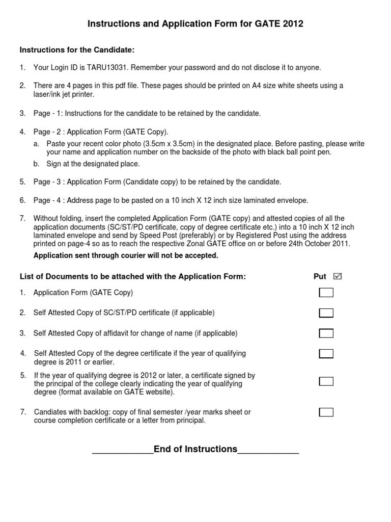 Instructions and Application Form For GATE 2012 | PDF | Finance & Money ...