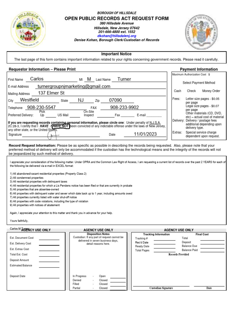 Hillsdale OPRA Request Form Guide | PDF | Discovery (Law) | Common Law