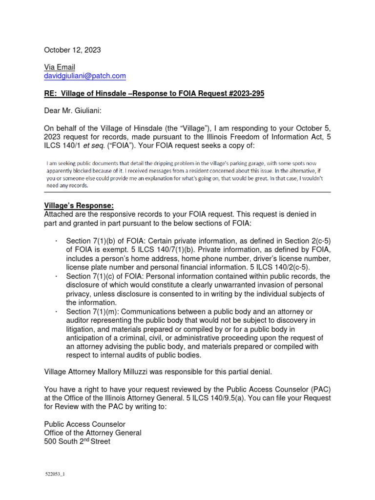 Hinsdale Parking Garage Leaks PDF Freedom Of Information Act (United States) Civil Rights