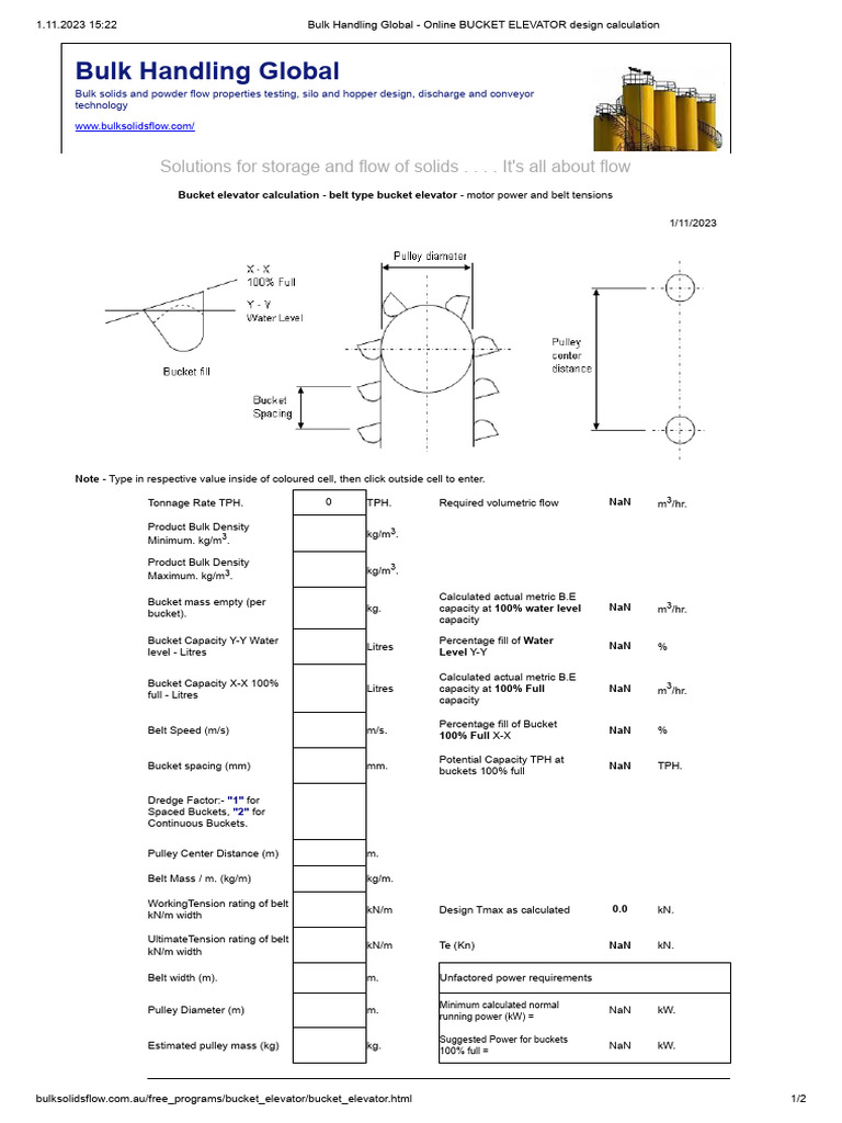 Bulk Handling Global Online BUCKET ELEVATOR Design Calculation PDF Belt (Mechanical