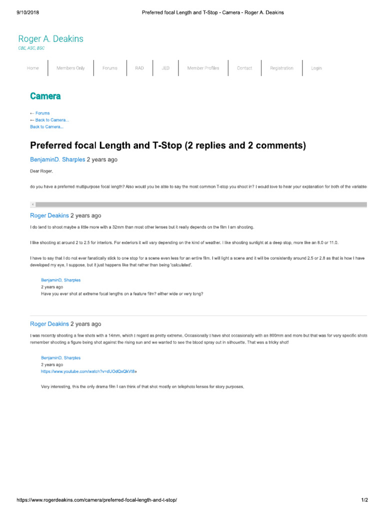 Preferred Focal Length and T-Stop - Roger A. Deakins | PDF