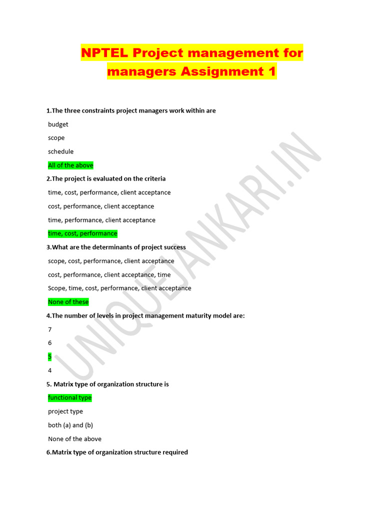 NPTEL Project Management Assignment 1 | PDF