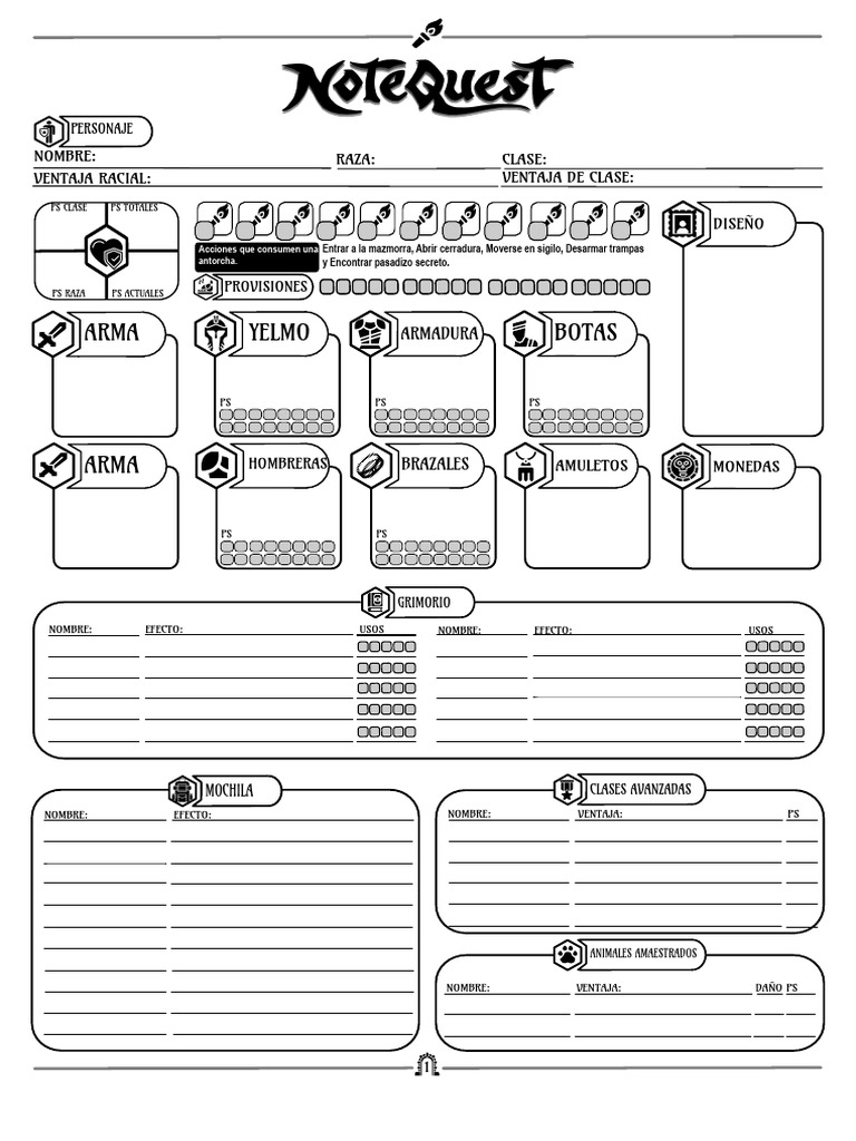 Hoja de Personaje para Notequest RPG | PDF