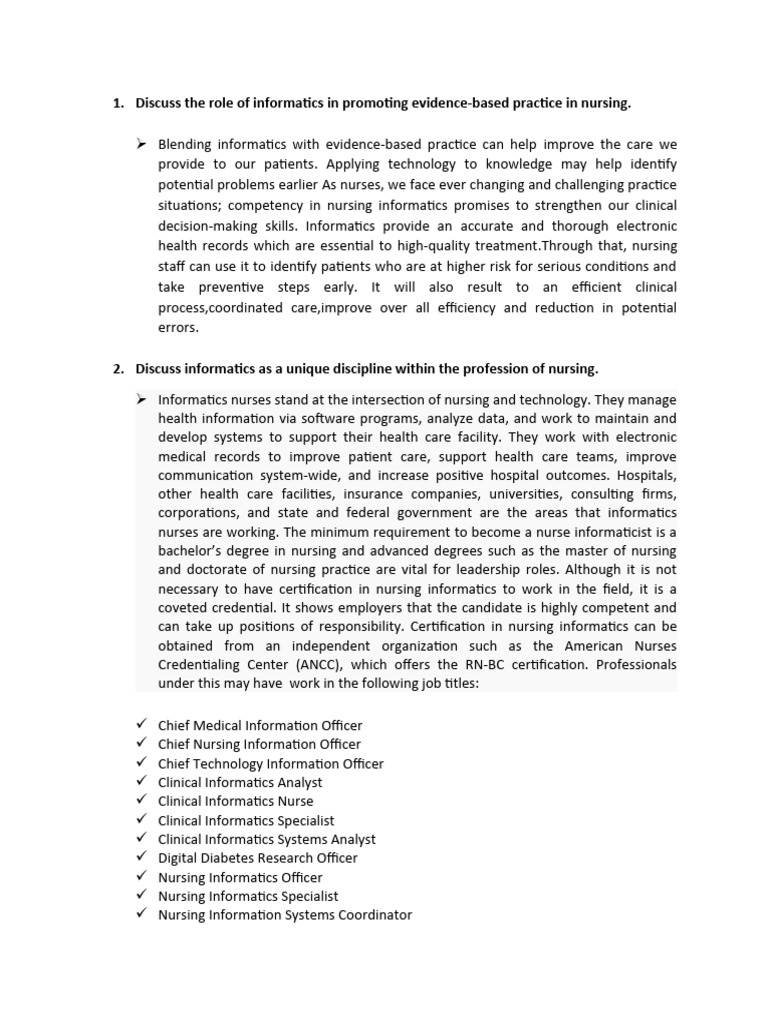 Role of Nursing Informatics in Care | PDF | Nursing | Health Informatics