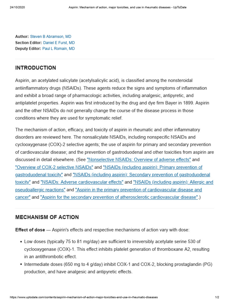 Aspirin Mechanism of Action, Major Toxicities, and Use in Rheumatic
