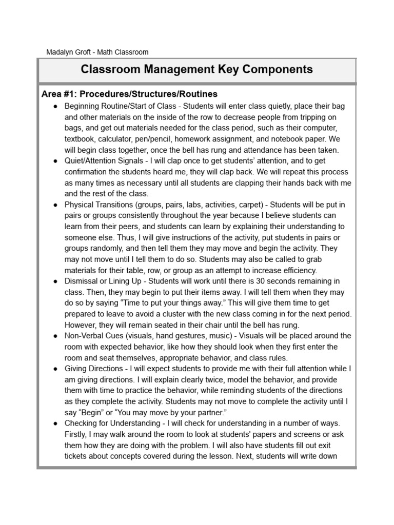 Madalyn Groft Classroom Management Key Components 2 PDF Teachers
