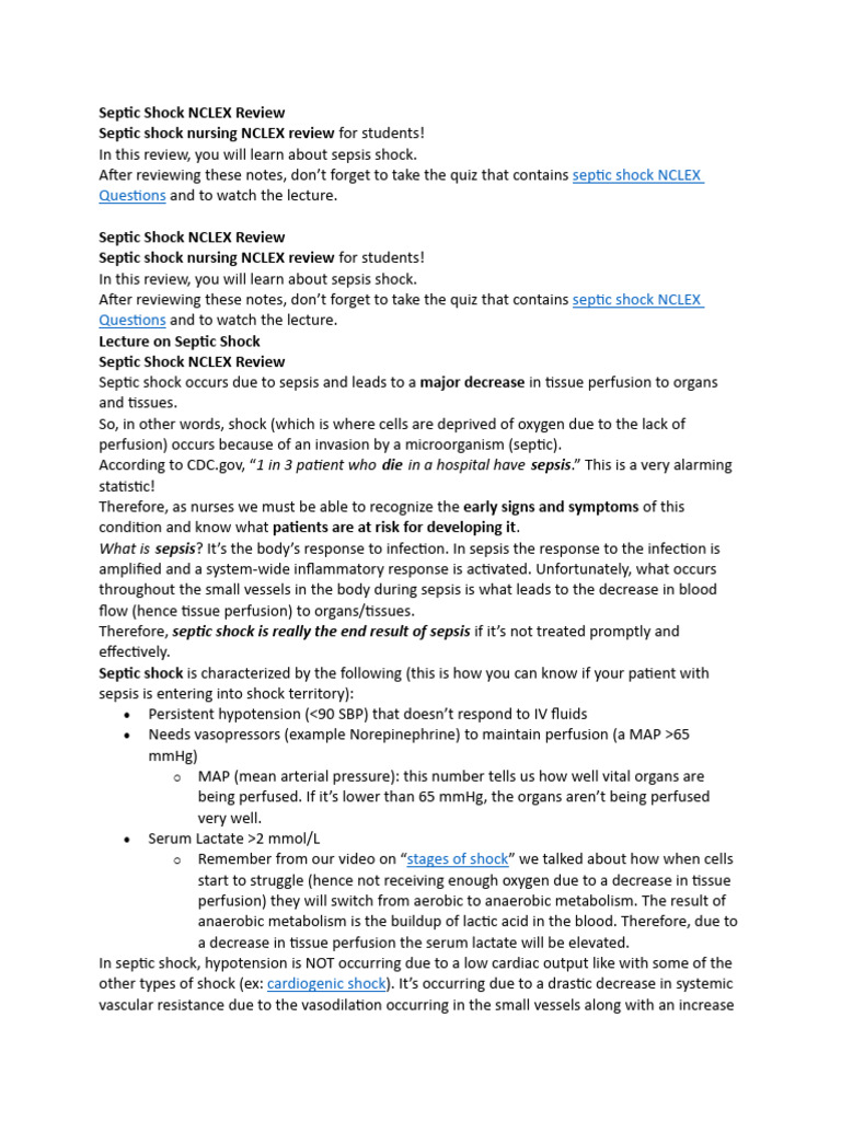 NCLEX Review: Septic Shock Essentials | PDF | Shock (Circulatory) | Sepsis