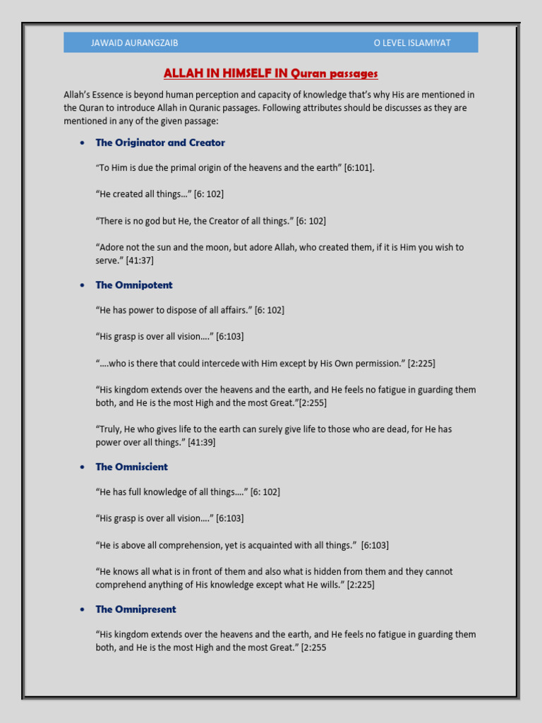 Allah in Himself - Attributes References | PDF | God In Islam | God