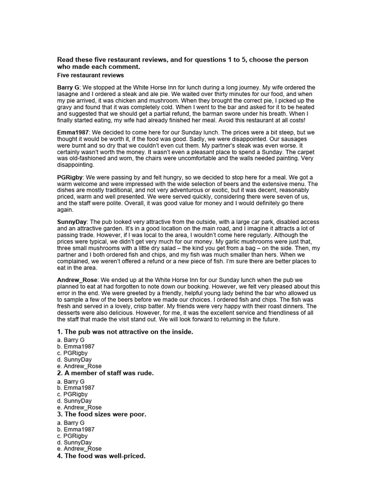 bài đọc B1 test 1 | PDF | Pub | Restaurants