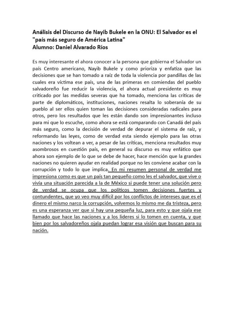 Análisis Del Discurso de Nayib Bukele en La ONU PDF