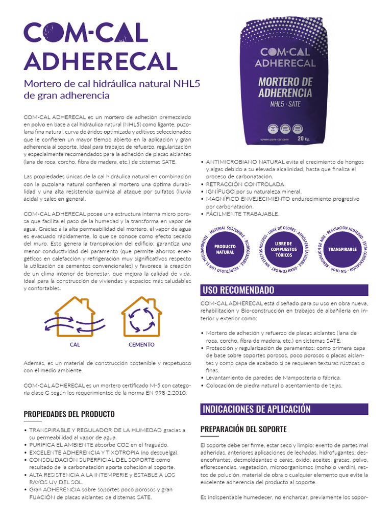 Mortero Adherecal: Cal Hidráulica Natural | PDF | Agua | Cemento