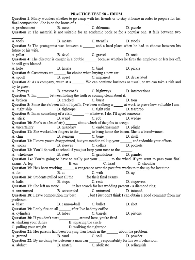 Practice test 58 idiom nokey mcqs pdf