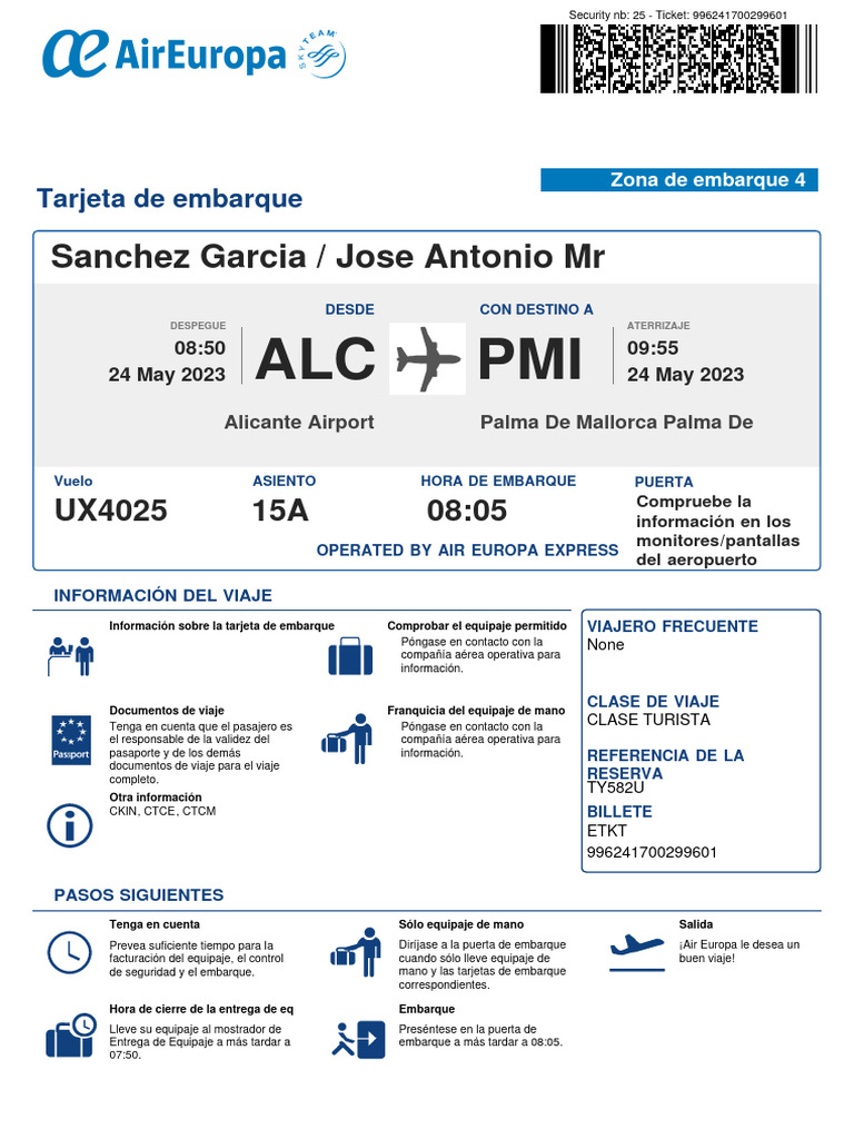 Tarjeta de Embarque Air Europa UX4025 | PDF | Desastres de transporte ...
