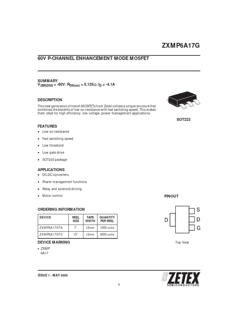 ZXMP6A17G MOSFET Specs & Features | PDF | Field Effect Transistor