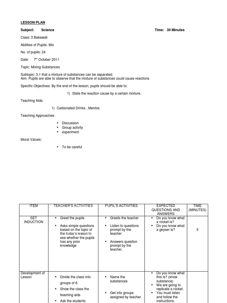 Mixing Substances Lesson Plan | PDF | Career & Growth