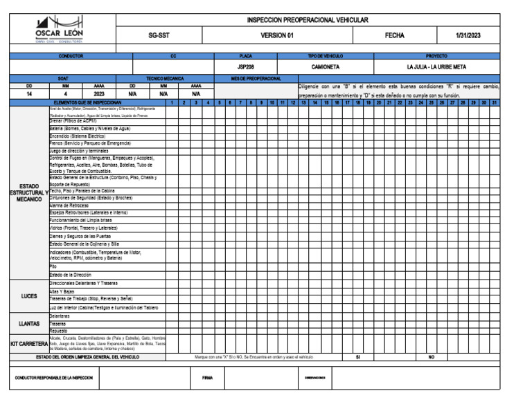 Inspección Preoperacional de Vehículos | PDF | Transporte privado ...