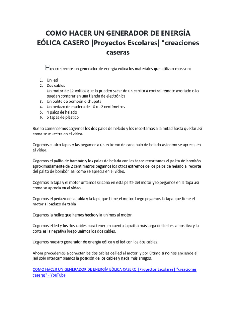 Como Hacer Un Generador de Energía Eólica Casero | PDF