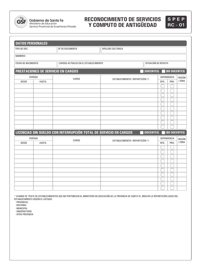 Formulario RC-01: Reconocimiento de Servicios | PDF | Finanzas y dinero