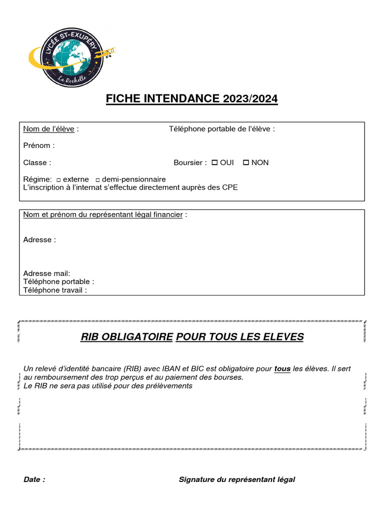 Fiche d'Intendance 2023/2024 | PDF