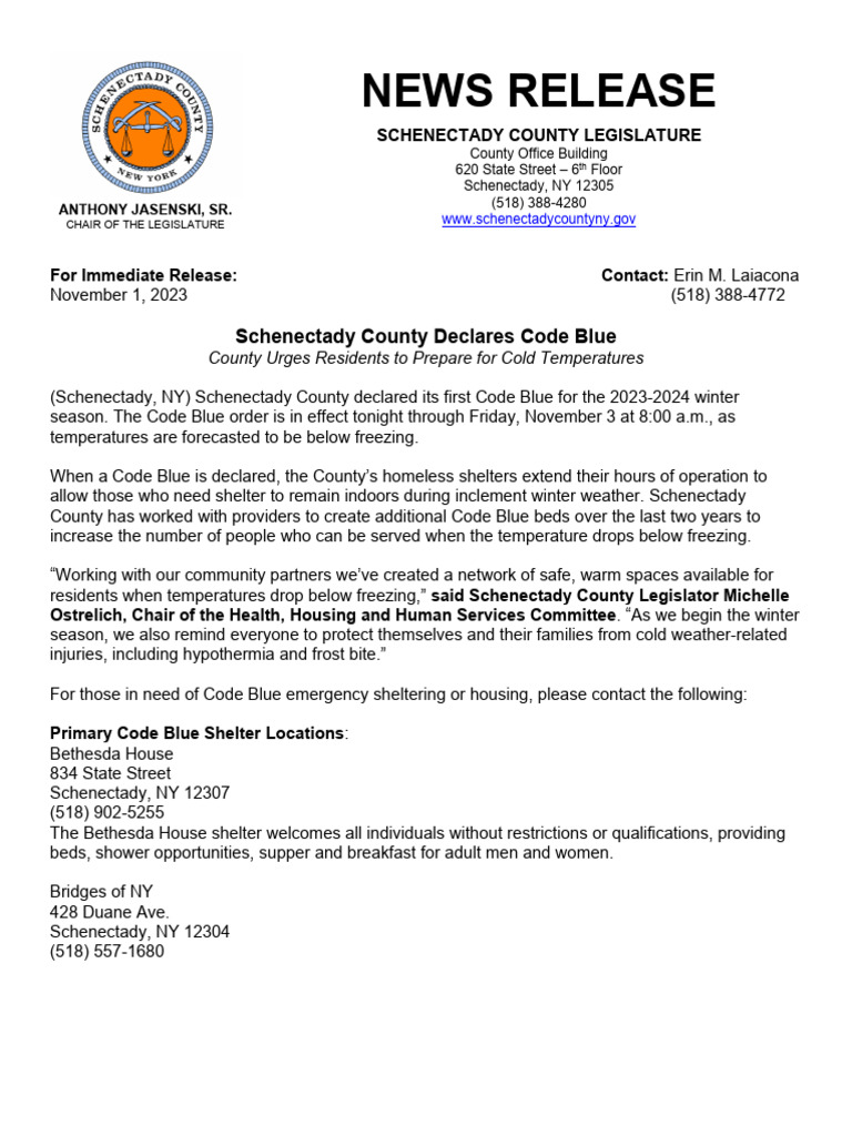 Schenectady County Code Blue Alert 2023 | PDF | Hypothermia
