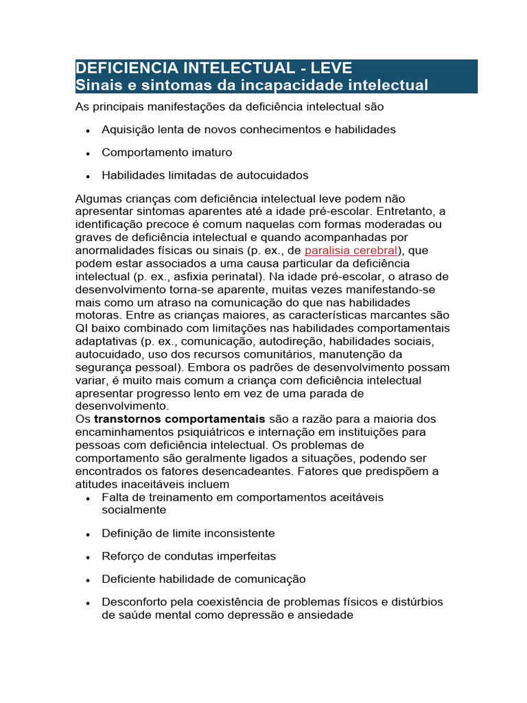 Sinais e Sintomas da Deficiência Intelectual Leve | PDF